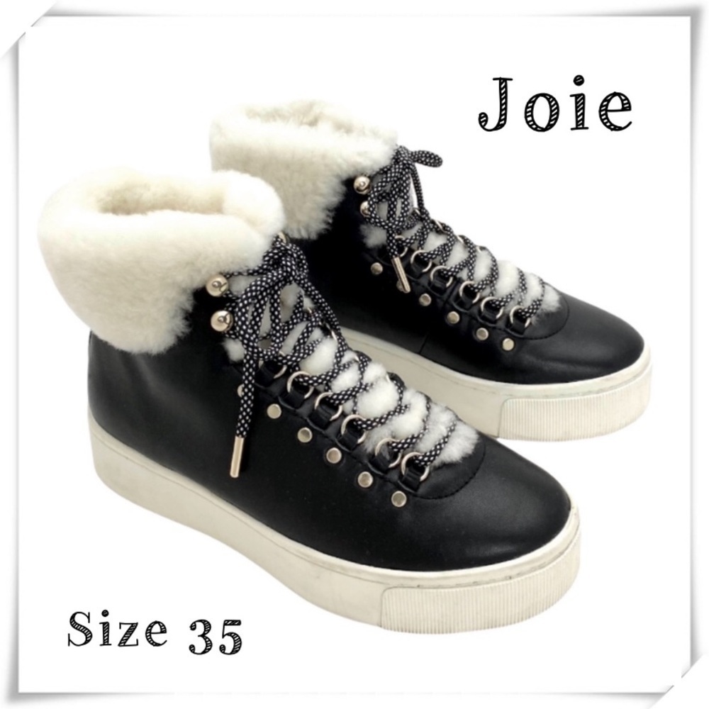 JOIE Handan Shearling High-Top Fur Cuff Leather Platform Sneakers in Black Sz 5